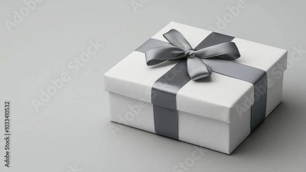 Fototapeta Elegant luxury gift box adorned with a satin ribbon, featuring a blank space for personalized text on the side.