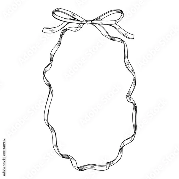 Obraz A hand drawn thin ribbon and bow create a beautiful oval border for a greeting card. The detailed vector illustration, perfect for birthdays or weddings, offers a blank space for text