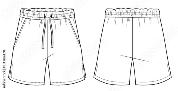 Obraz Flat sketch of mens elastic waist drawstring shorts