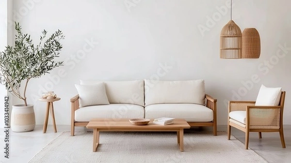 Fototapeta Minimalist Scandinavian living room with natural light, neutral colors, and cozy furnishings for a serene atmosphere.