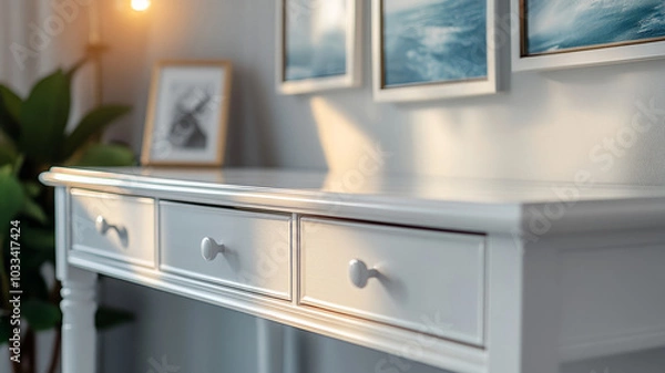 Fototapeta A clean white desk with drawers in a cozy, modern home office setting.