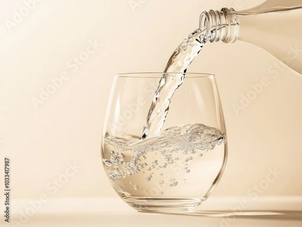 Fototapeta Clear water being poured into a modern designed glass against solid background