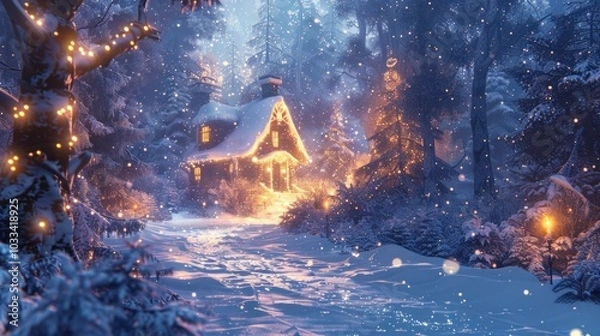 Fototapeta A cozy and charming cabin nestled in a magical winter wonderland surrounded by a snow covered forest with twinkling lights creating a festive and enchanting atmosphere