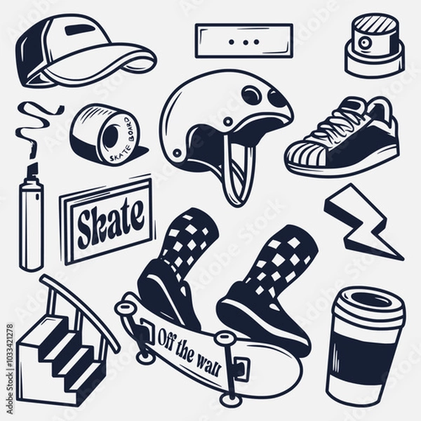 Fototapeta hand drawn skateboard elements collection, hand drawn sketch design. Vector illustration