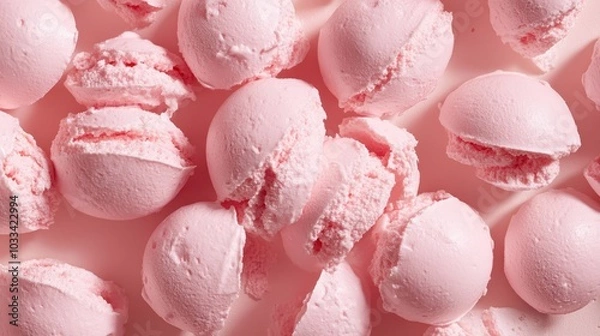 Obraz Multiple scoops of pale pink ice cream arranged on a textured surface, highlighting a delightful and creamy appearance ideal for summer or dessert visuals.