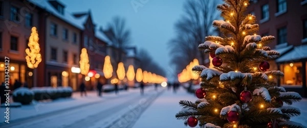 Fototapeta A Christmas tree glows on a snowy street in a quaint village, with festive lights on buildings lining the street, creating a serene and cozy holiday evening scene.