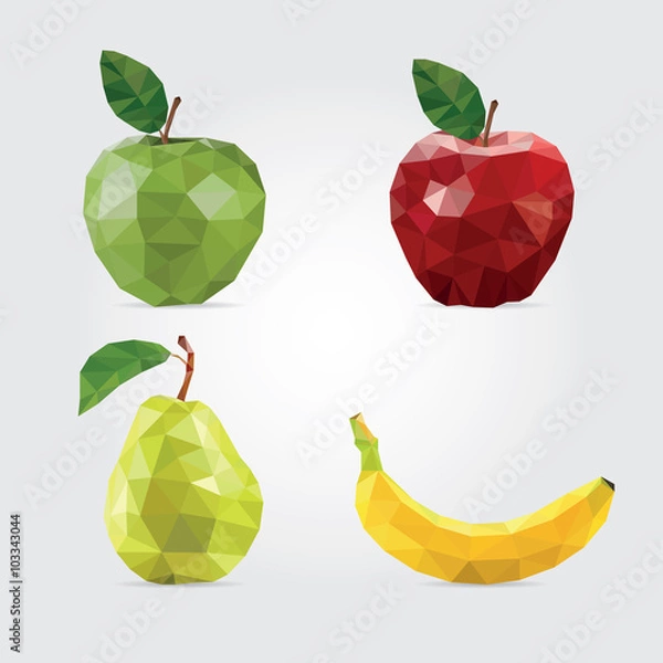 Fototapeta Polygonal Fruits. Red Apple, Green Apple, Pear and Banana in Vector