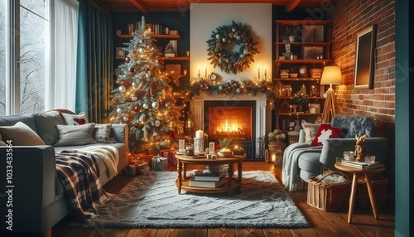 Fototapeta Cozy Christmas Living Room Decor