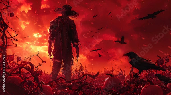 Fototapeta A sinister-looking scarecrow standing in a pumpkin patch under a blood-red sky, surrounded by crows and twisted vines