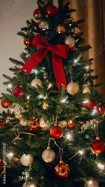 Fototapeta Festive Christmas Tree with Red Bow and Ornaments