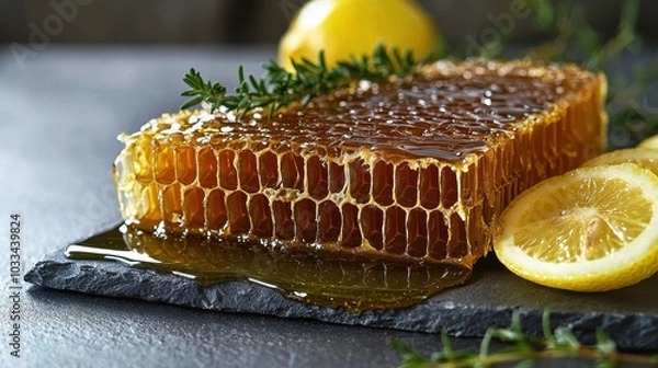 Fototapeta Fresh Honeycomb with Lemon and Herbs on Slate Tray