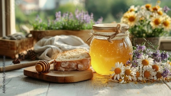 Fototapeta Fresh Honey and Bread with Flowers in Natural Setting