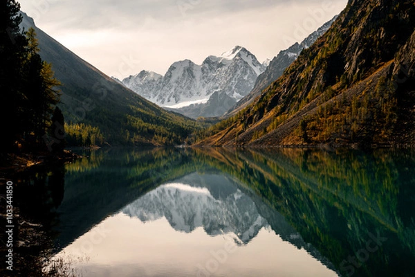 Fototapeta Shavlinskoye lake in Altai during the golden autumn, against the background of snow-capped mountains UNESCO heritage