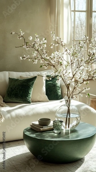 Fototapeta Creative composition of spring living room interior with boucle sofa, stylish coffee table, green stand, glass vase with flowering branches and personal accessories. Home decor, Generative AI