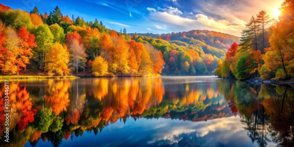 Fototapeta serene water body reflects vibrant autumn hues of surrounding forest, creating picturesque landscape filled with colorful trees and bright sky