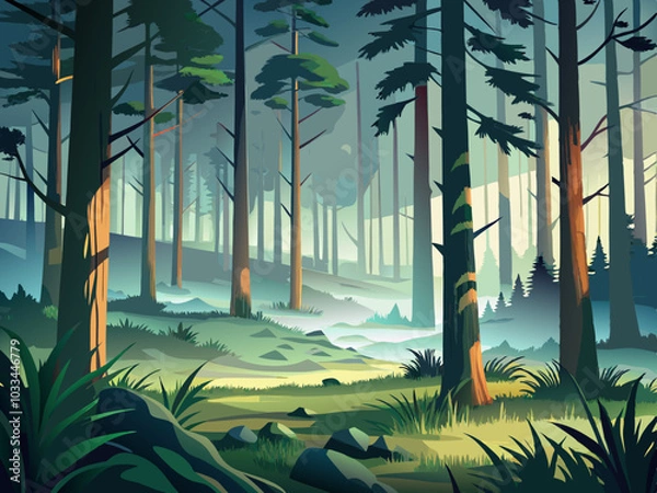 Obraz fog in the forest ,Forest landscape with coniferous trees and fog. Vector illustration.
