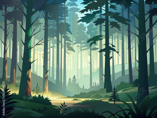 Fototapeta fog in the forest ,Forest landscape with coniferous trees and fog. Vector illustration.
