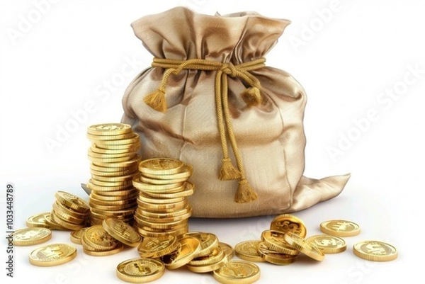 Fototapeta Golden Money sack bag and stack of coins on isolated white background. money savings concept. 3d rendering
