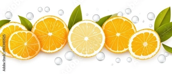 Fototapeta A vibrant arrangement of fresh lemon slices surrounded by water bubbles and leafy greens, perfect for culinary and wellness themes.