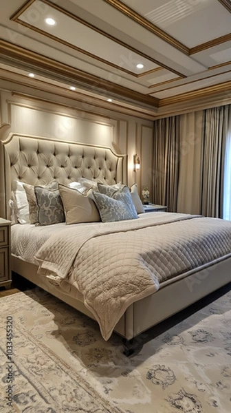 Fototapeta Luxurious Master Bedroom with Elegant Decor and Ambient Lighting  