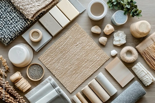 Fototapeta Stylish flat lay composition in orange and beige color palette with textile and paint samples, lamella panels and tiles. Architect and interior designer moodboard. Top view. Copy, Generative AI
