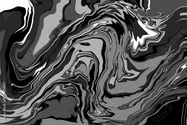 Obraz Dark liquid marble background. Black grey with white splashes color. Mixed oil paints. Art, 3D. Zebra background. Art fluid. Marbling template design presentation. Wide ratio frame. Flow, fluid waves.