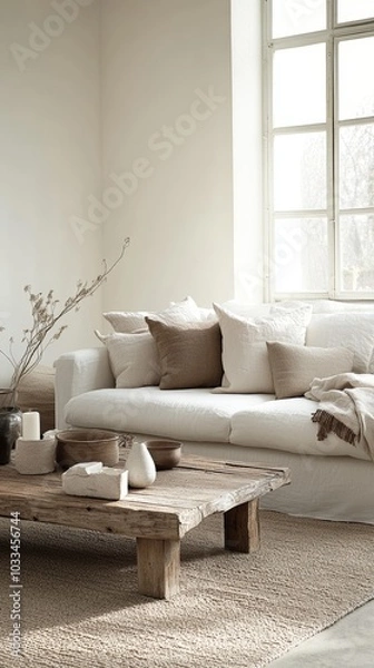 Fototapeta Simple and minimalist composition of living room with white sofa, wooden coffee table, shlef with accessories, personal stuff, and beautiful decorations. Home decor, Generative AI