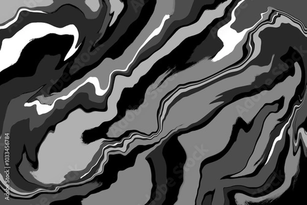 Obraz Dark liquid marble background. Black grey background with white splashes. Mixed oil paints. Art Zebra background. Art fluid. Marbling template design presentation. Wide ratio frame. Flow, fluid waves.