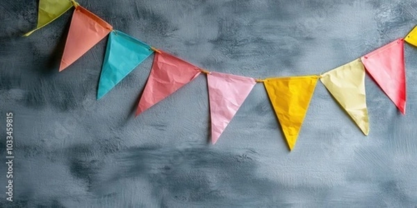 Fototapeta Vibrant party flags against a cement gray wall texture background, pastel-colored birthday flags with copyspace. Holiday theme beauty.