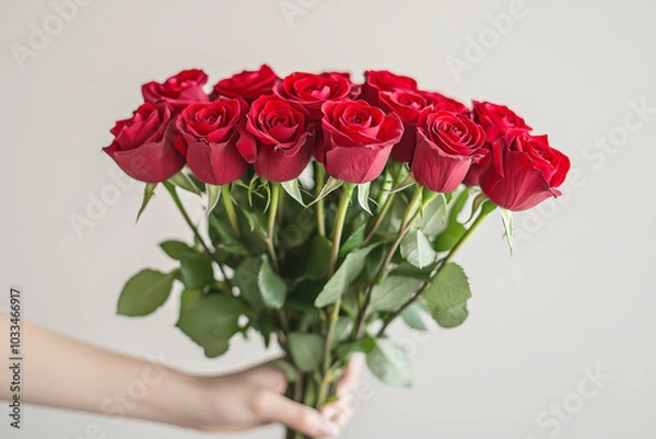 Fototapeta The hand holds a bouquet of red roses. The job of a florist in a flower shop. A beautiful fresh bouquet. Flower delivery.