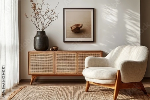 Fototapeta Creative composition of living room interior with mock up poster frame, vase with died flowers, braided plaid, modular sofa, wooden coffee table and personal accessories. Home decor, Generative AI