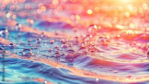 Fototapeta Pink and blue wavy liquid with bubbles floating on it. The background is a gradient from light, soft yellow to peach. A close up of a water surface with some bubbles in it