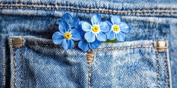 Fototapeta Close-up of charming blue forget-me-not flowers in a denim pocket.