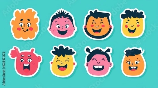 Fototapeta Cute Cartoon Faces Stickers: Happy and Joyful Expressions