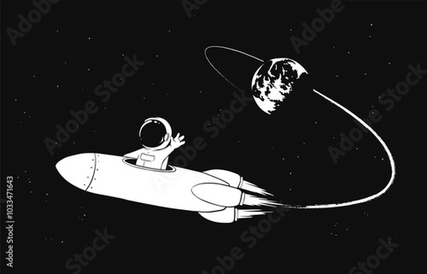 Obraz An astronaut in rocket flies from Earth orbit into outer space.Vector illustration