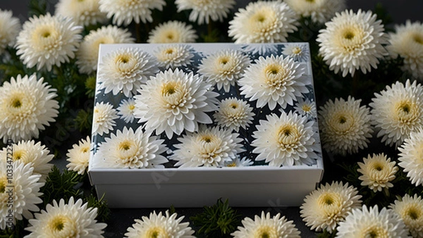 Fototapeta Elegant white camellias atop a luxury box with soft snowflakes in the background