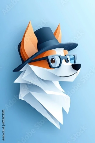 Obraz Stylish paper art illustration of a dog wearing glasses and a hat, perfect for creative projects or pet-themed designs.