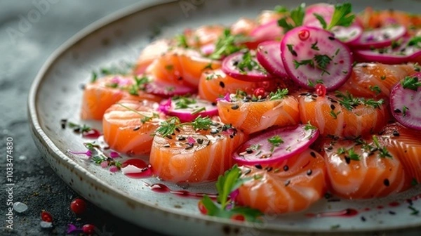Fototapeta Slices of salmon and radishes are artfully arranged on a plate with herbs. Concept is culinary presentation. For food blogs...