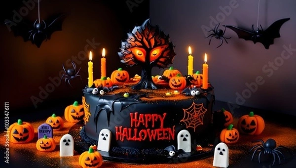 Fototapeta Frightful Flavors Halloween Themed Cake Masterpieces with burning candles