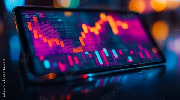 Fototapeta Stock Market Data Display on Tablet with Neon Lights