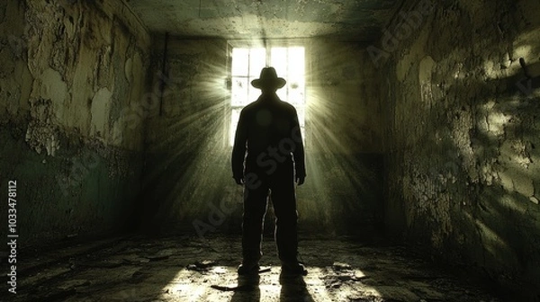 Fototapeta Silhouette of Man in Abandoned Room with Sunbeams
