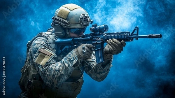 Fototapeta Soldier in Camouflage Aiming Rifle with Blue Smoke Background