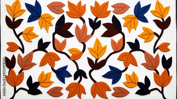 Fototapeta A vibrant collage featuring leaves in various shades of orange, red, brown, and blue, arranged in a symmetrical pattern. 