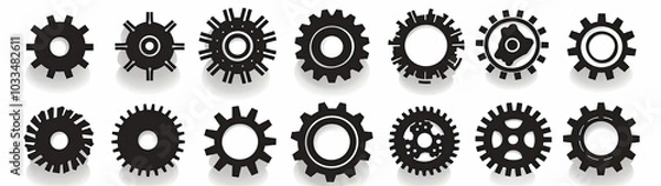 Fototapeta Several black gears casting shadows on a white backdrop