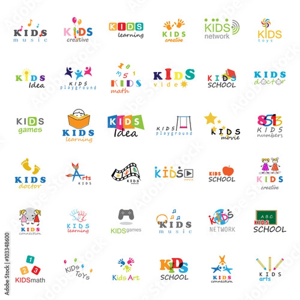 Fototapeta Children Icons Set-Vector Illustration,Graphic Design.For Web,Websites,App,Print,Presentation Templates,Mobile Applications,Promotional Materials.Kids Note,Balloon,Handprints,Book,Vision,Bulb,Collage 