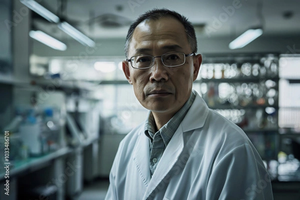 Fototapeta Mature scientist stands confidently in a modern lab, exploring science and research with cutting edge equipment. His intense focus and passion for knowledge shine through
