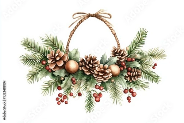 Fototapeta Festive Christmas wreath with pine cones, greenery, and berries on a white isolate background.