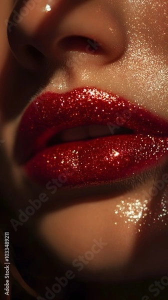 Obraz Close-up of lips, frontal portrait, red glittery lipstick, dreamy lighting