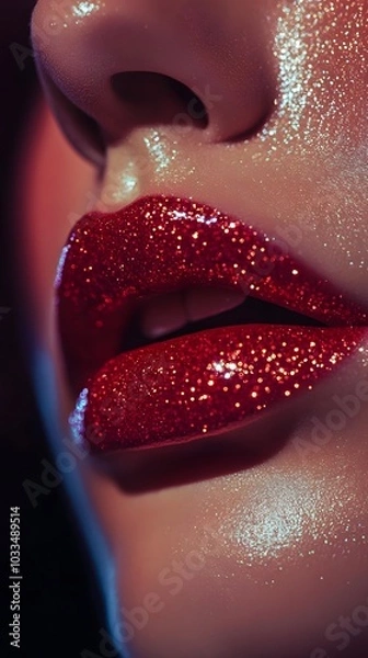 Fototapeta Close-up of lips, frontal portrait, red glittery lipstick, dreamy lighting