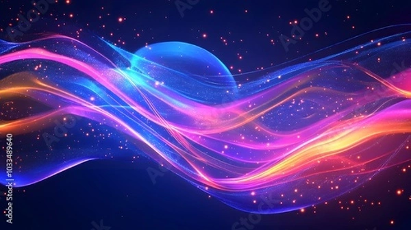 Fototapeta Abstract cosmic background with glowing waves and scattered red lights